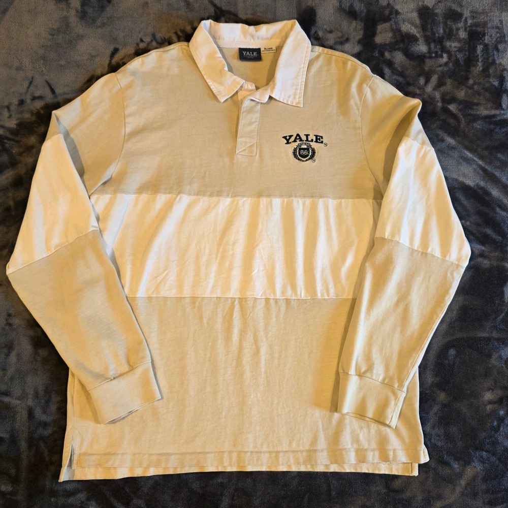 Yale University Rugby Shirt Mens XL Tan White Colorblock Long Sleeve Polo Crest